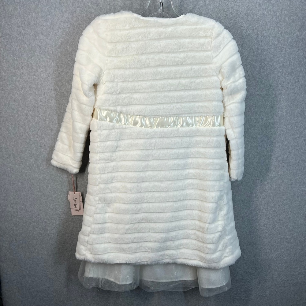 Biscotti Girls 2pc Dress Set White Faux Fur Coat Gold Shimmer Dress‎ Size 8 NEW - Picture 3 of 14
